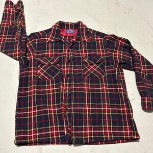 **70s Pendleton MacPherson Red Navy Plaid Board Shirt**